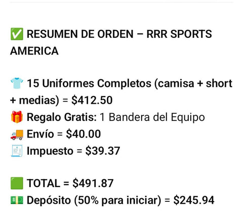 Custom order for 15 uniforms of 1st half payment