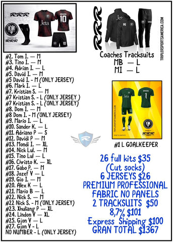 Custom order for for soccer uniforms